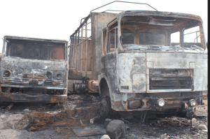 Burnt out trucks