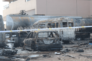 Burnt out vehicles at the GOIL filling station