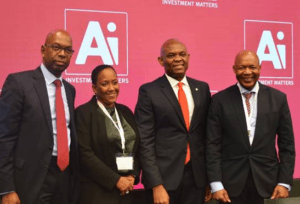 Mr Tony Elumelu, Chairman Heirs Holdings and recipient of the 'Person of the year’ award (3rd left) flanked by other award recipients; Mr Bob Collymore, CEO Safaricom (left), Ms Vicki Fuller, CIO, New York State Common Retirement Fund (2nd left) and Dr Daniel Matjila, CEO, Public Investment Corporation of  South Africa at the AI Investment Summit in New York, Monday.