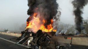Burning fuel tanker displaces more than 100 people